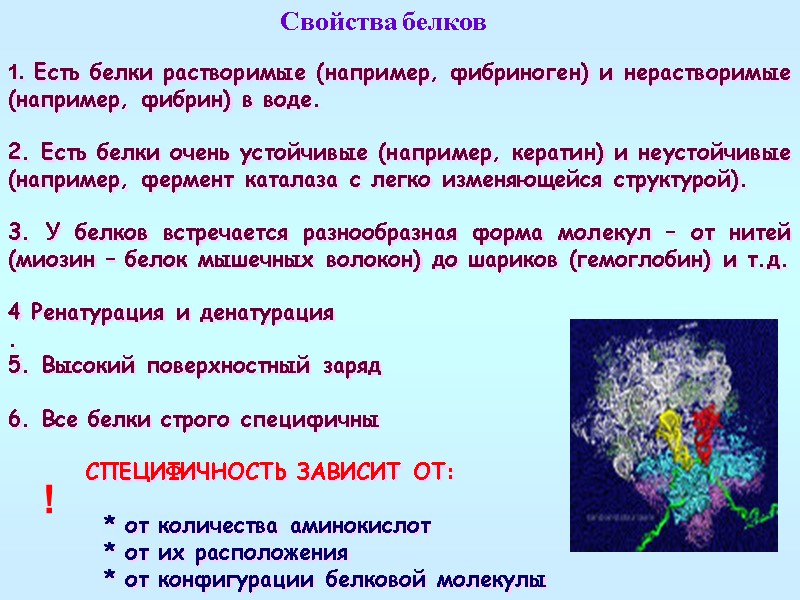 1. Есть белки растворимые (например, фибриноген) и нерастворимые (например, фибрин) в воде.  2.